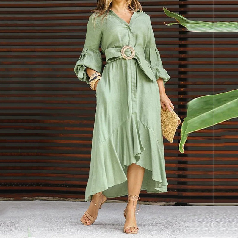 Fashionable full-sleeve V-neck lapel long dress