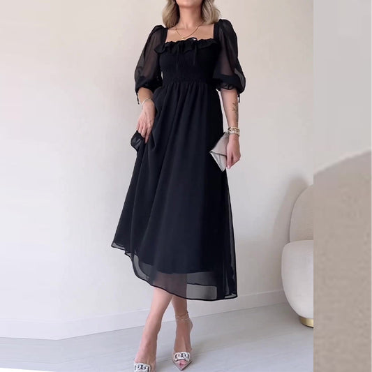 Elegant mesh maxi dress with ruffles collar