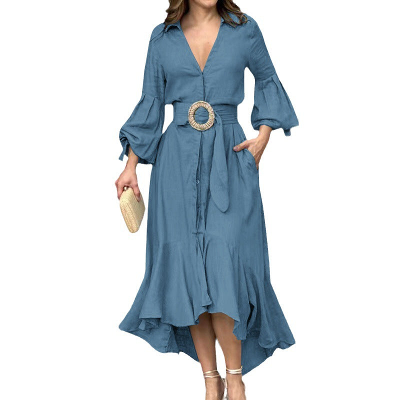 Fashionable full-sleeve V-neck lapel long dress