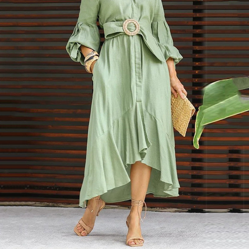 Fashionable full-sleeve V-neck lapel long dress