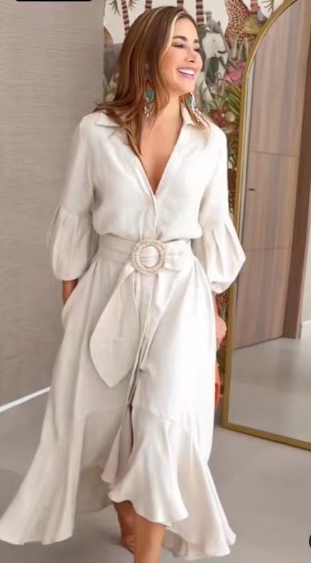 Fashionable full-sleeve V-neck lapel long dress