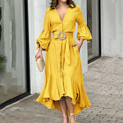 Fashionable full-sleeve V-neck lapel long dress