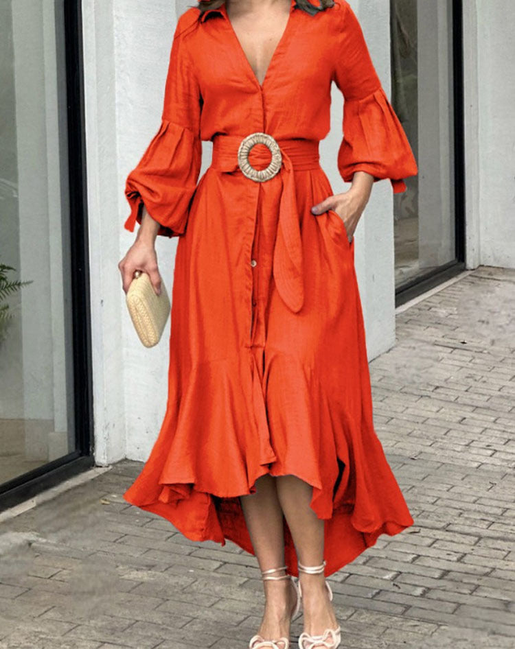 Fashionable full-sleeve V-neck lapel long dress