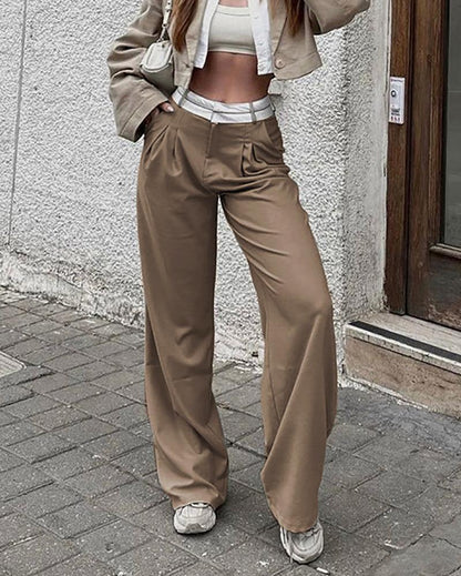 Trendy color-block waistband straight-leg pants