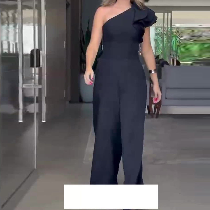 Cross-shoulder waist-tight wide-legged jumpsuit