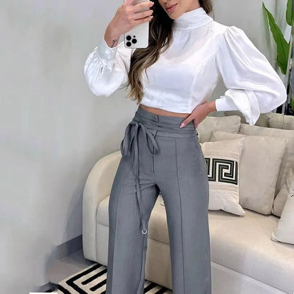 Slim drawstring design trousers set