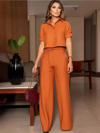 Solid color short top wide-leg trousers set