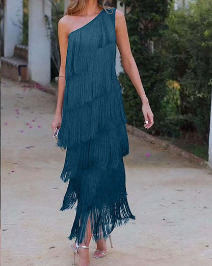 Slant-neck multi-layer fringe stitching design dress