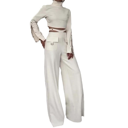 Solid color exposed navel loose wide-leg trousers set