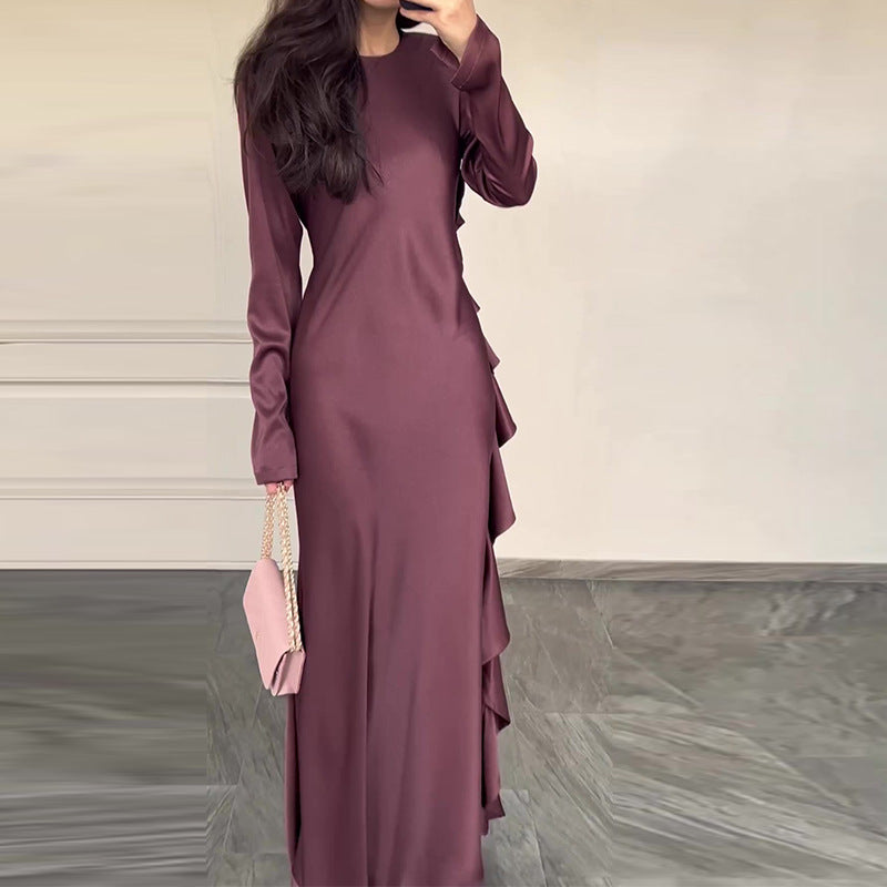 Solid color round-neck ruffled long elegant dress