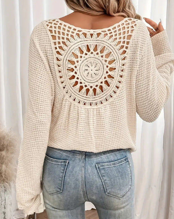 Solid color fashion hollow embroidered sweater