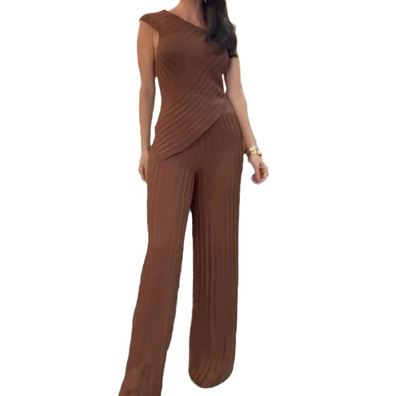 Slanted-collar stretch slim-fit knitted trousers set