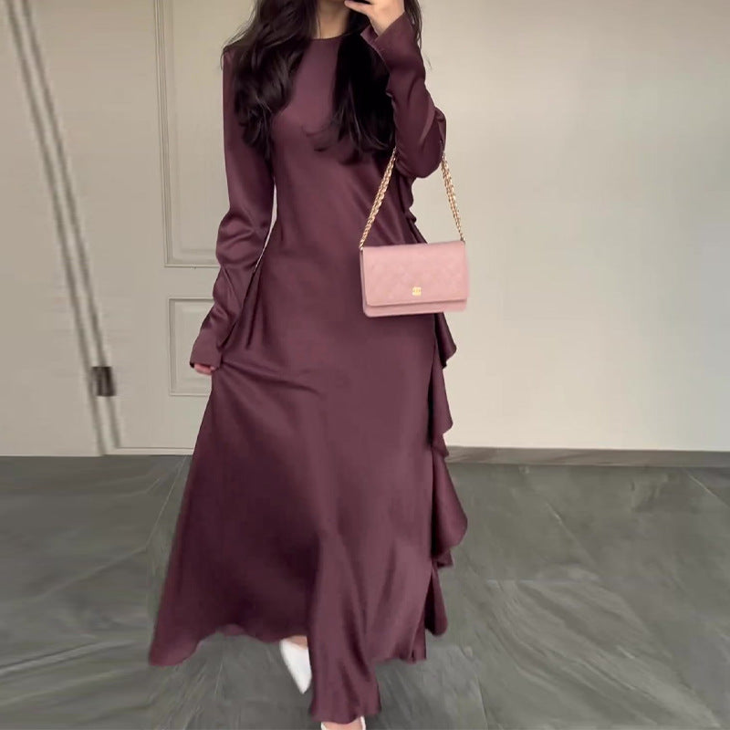 Solid color round-neck ruffled long elegant dress