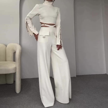 Solid color exposed navel loose wide-leg trousers set