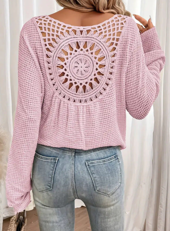 Solid color fashion hollow embroidered sweater