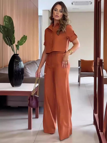 Solid color short top wide-leg trousers set