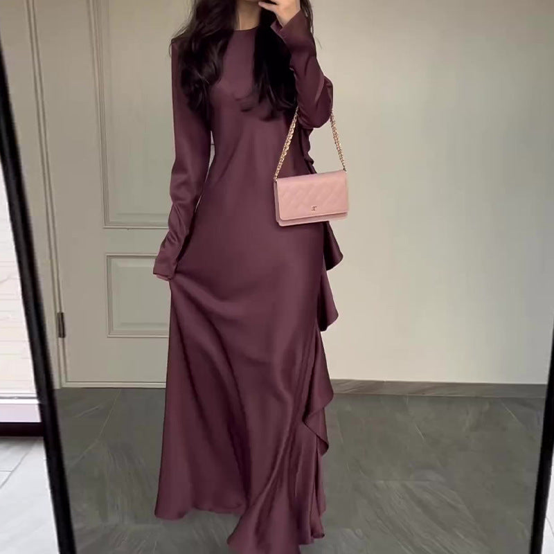 Solid color round-neck ruffled long elegant dress