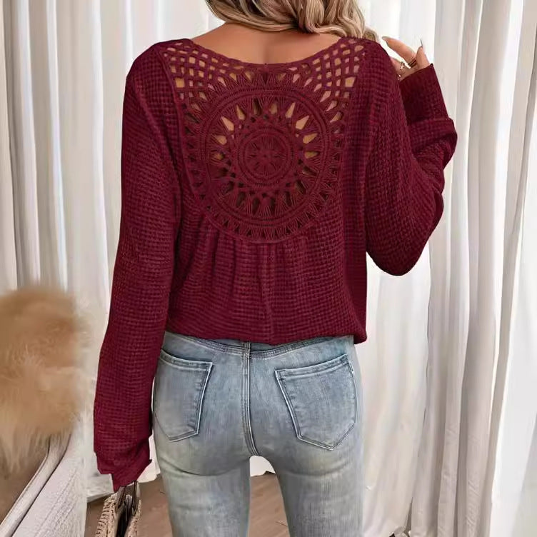 Solid color fashion hollow embroidered sweater