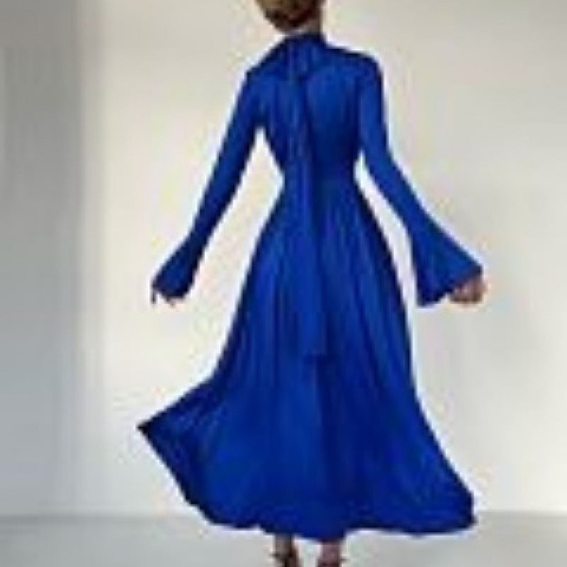 Flared sleeve waist pleated solid color dress