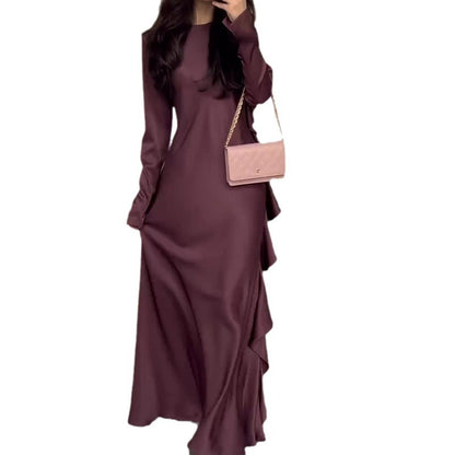 Solid color round-neck ruffled long elegant dress