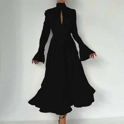 Flared sleeve waist pleated solid color dress