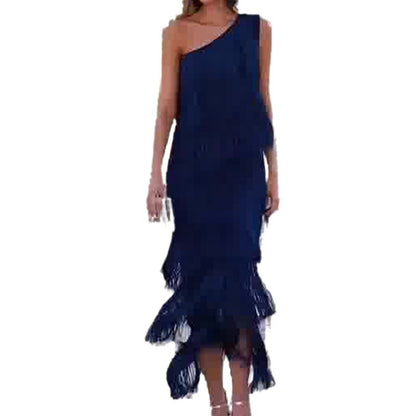 Slant-neck multi-layer fringe stitching design dress