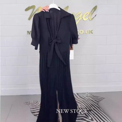 Fashionable V-neck multi-pleated waist solid color wide-leg jumpsuit