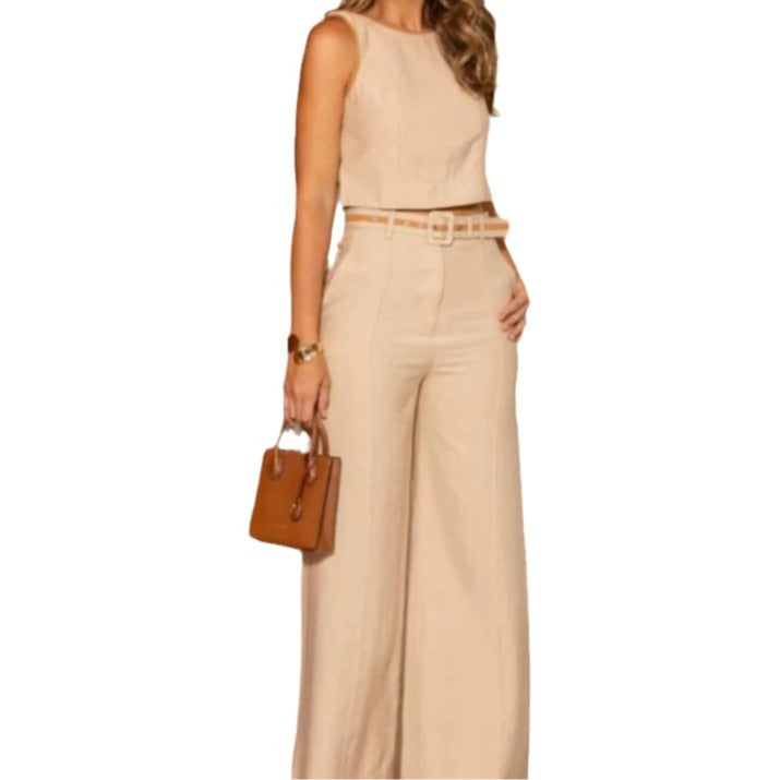 Solid color round-neck sleeveless high-waisted wide-leg trousers set