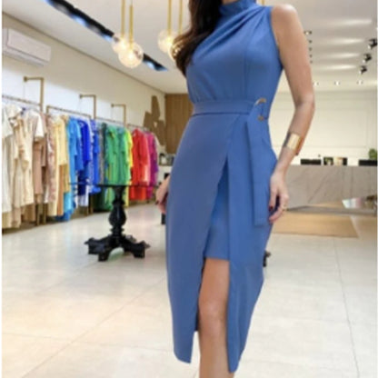 Round-neck pleated split thin dress